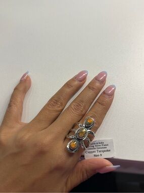 Copper Turquoise Floral Sterling-Plated Ring - Size 9